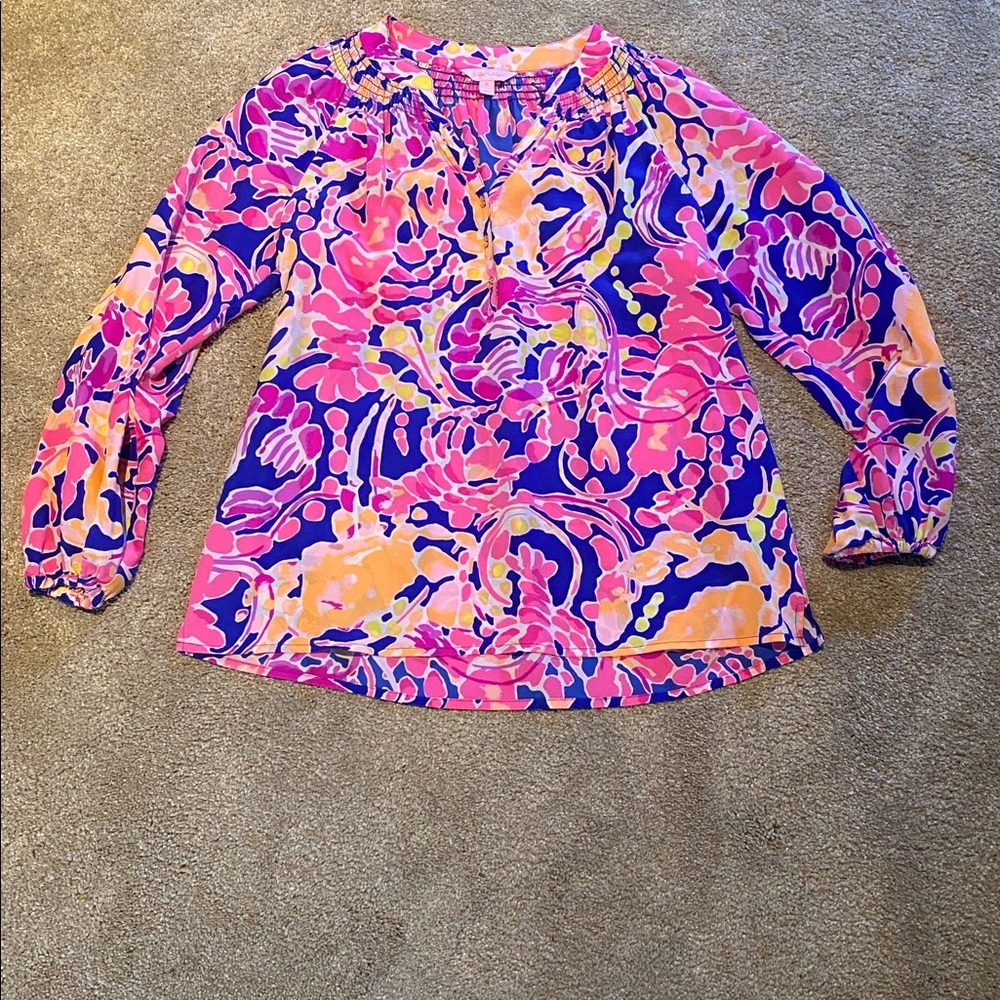 Lilly Pulitzer Elsa Silk Blouse "Catch and Release" Pink Yellow Blue Size SMALL